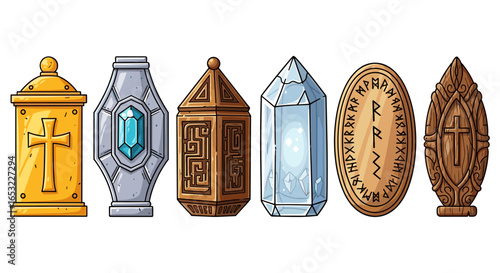 Collection of Fantasy Medieval Relics and Treasures Illustrated on White