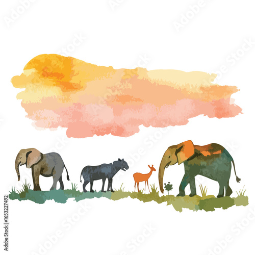 Watercolor African Animals Elephant Zebra and Deer in a Textured Landscape