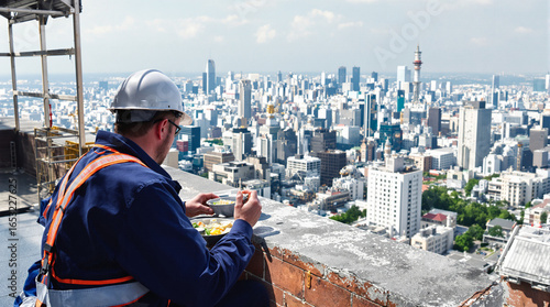 Rooftop Lunch Break: Construction Worker Overlooking Cityscape
