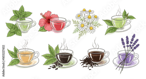 Variety of Herbal Teas and Coffee in Glass Cups Artwork
