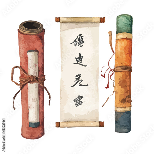 Watercolor Asian Scrolls Tied Unfurled and Damaged Antique Documents