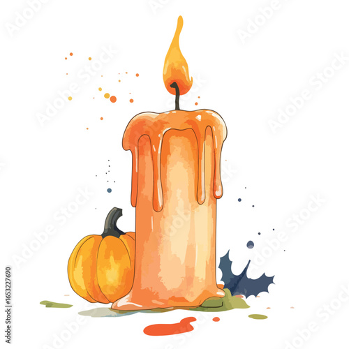 Watercolor Autumn Candle and Pumpkin Illustration