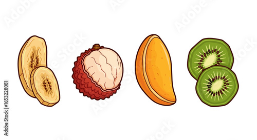 Colorful array of tropical fruit slices on a white backdrop
