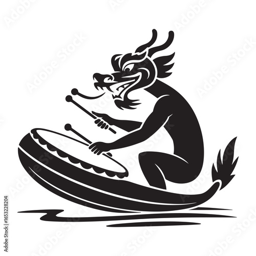 Dragon boat drummer playing drum sticks. Vector black silhouette. with white background