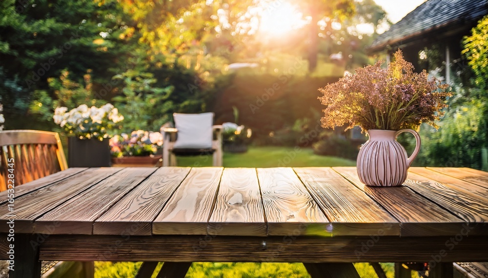 Naklejka premium sunlight shining on rustic wooden table with a flower vase in cozy backyard garden