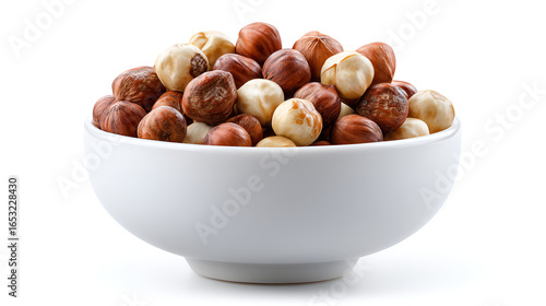 Bowl full of hazelnuts. Featuring shelled and unshelled nuts. Isolated on white for flexible background.