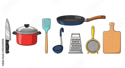 Colorful kitchen utensils arranged neatly against a clean, white backdrop