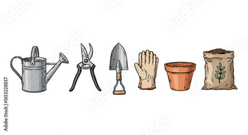 Watercolor Style Gardening Tools Set Against a Clean White Background