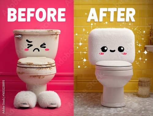A kawaii-style toilet makeover contrasts a sad dirty look with a sparkling fluffy one in a vibrant meme-style before-and-after layout