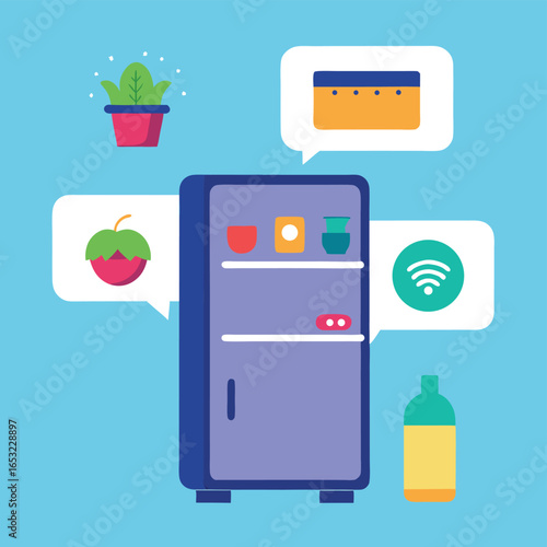 Vector art of smart refrigerator with food icons and wireless connection, representing modern kitchen technology and home automation for convenience and efficiency