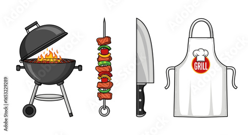 Illustration of Barbecue Grill, Shish Kebab, Knife, and Apron on White