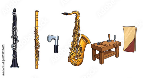 Wind Instruments and Repair Tools on a White Background Illustration