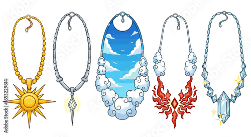 Collection of Fantasy Necklaces Representing Sky, Fire, Light, and Ice
