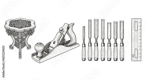 Hand Tools for Woodworking Featuring a Ornate Table Isolated on White