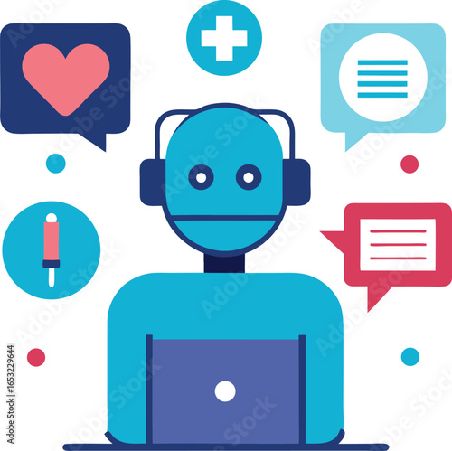 Wallpaper Mural Vector art of robot with headphones and laptop, surrounded by icons for chat, health, and communication, representing ai customer service and virtual assistance Torontodigital.ca