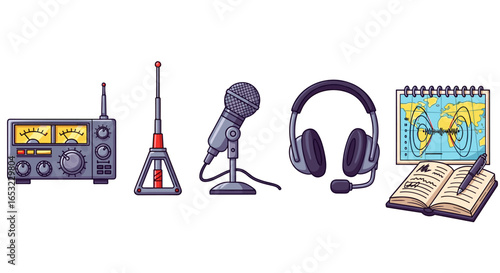 Cartoon Illustration of Broadcast Equipment and Seismological Research Tools