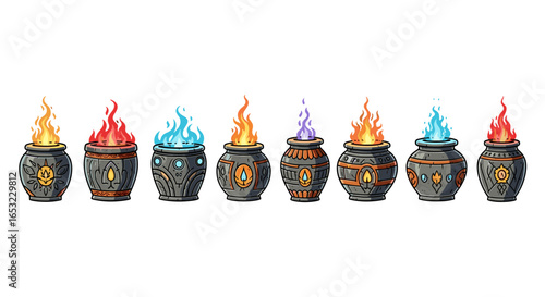 Colorful flames erupt from unique, decorative, and magical stone pots.