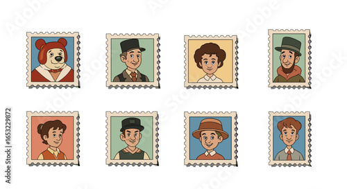 Cartoon Stamps Depicting Various Men and Bear on White Background