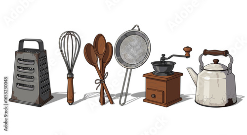 Vintage kitchen tools cartoon still life on a white background