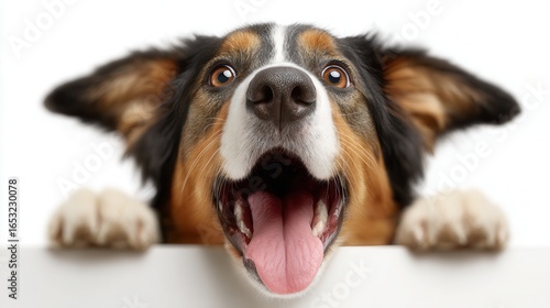 Happy dog with open mouth ears perked up