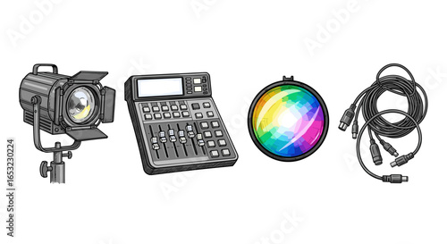 Stage Lighting Equipment: Spotlight, Mixer, Gel Filter, and Cables Isolated