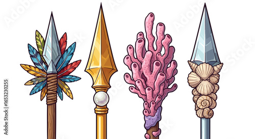 Four creative decorative spear designs with diverse embellishments displayed together