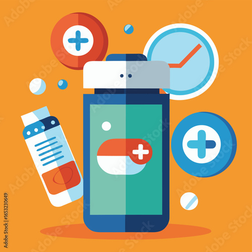 Vector art of medical supplies including a pill bottle and capsules, symbolizing healthcare, treatment, and pharmacy