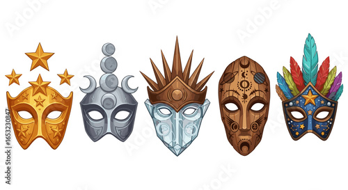 Diverse collection of artistic masks featuring celestial and fantasy elements