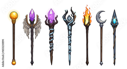 Enchanted Staffs Collection: Cartoon Magic Wands with Gems and Mystical Symbols