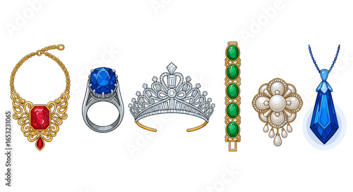 Assorted precious gemstones and jewelry pieces in vector art format