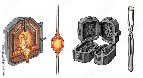 Illustration depicting the glassblowing process with furnace, molten glass, mold, and tools