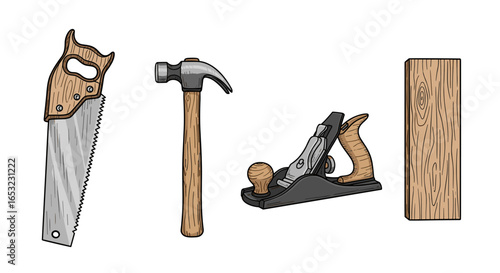 Carpentry toolkit featuring saw, hammer, hand planer and wood