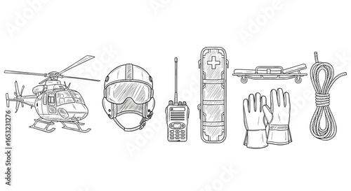 Line Art Illustration: Emergency Rescue and Safety Equipment Ready for Action