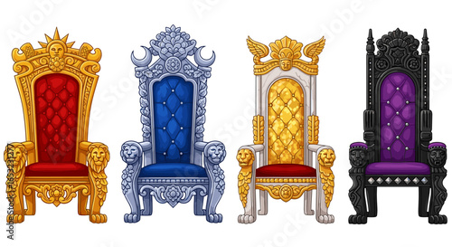 Four ornate thrones in various colors and designs sit elegantly.