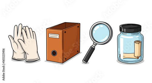 Investigation Scene Featuring Latex Gloves, File Box, Magnifying Glass, and Jar