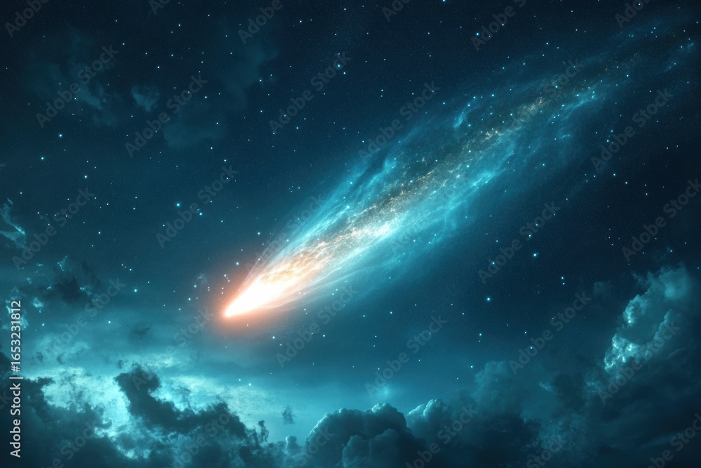 Obraz premium Meteor shower spectacle over serene night sky stunning digital cosmic environment wide view