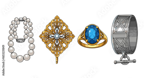 Elegant jewelry collection: pearl necklace, brooch, blue ring, and silver cuff.