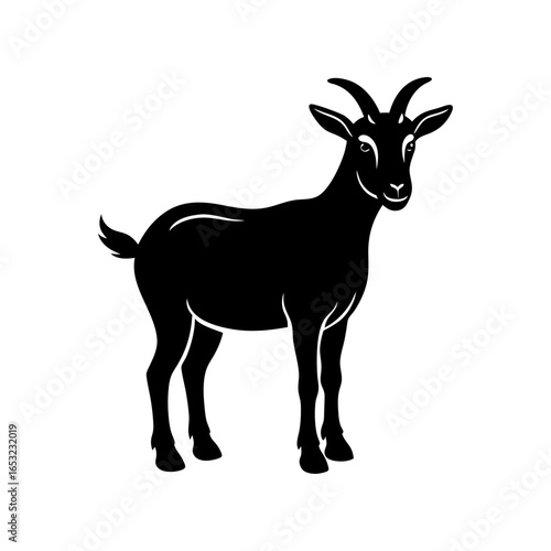 A striking black silhouette illustration of a domestic goat, standing elegantly with its horns and tail clearly defined, perfect for various design applications