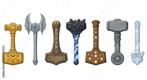 Assortment of Fantasy Inspired Hammers and Maces Against a White Background