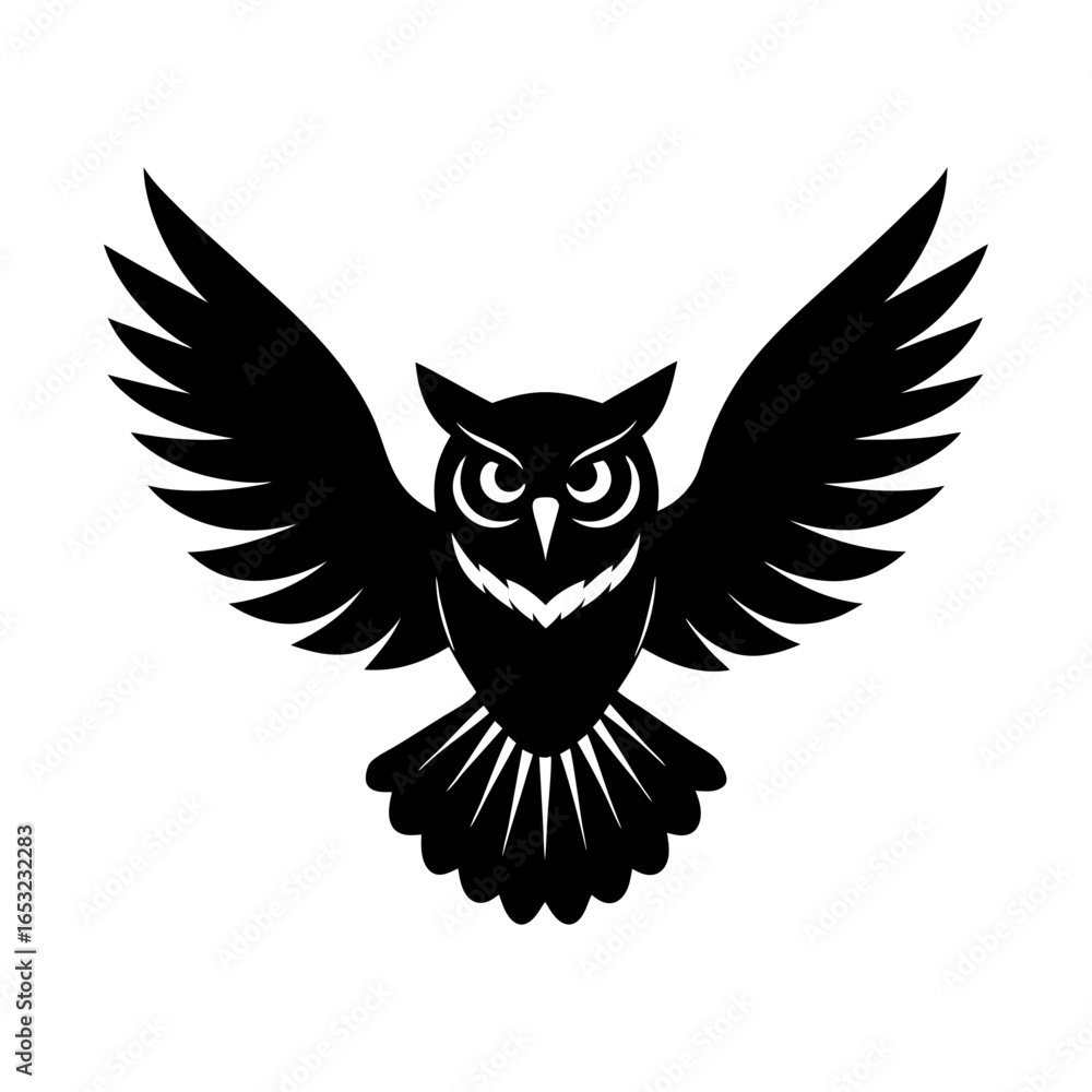 Obraz premium A majestic black silhouette of an owl in powerful flight with wings widely spread, symbolizing wisdom, knowledge, and the serene mystery of the night. An ideal graphic for logos and emblems