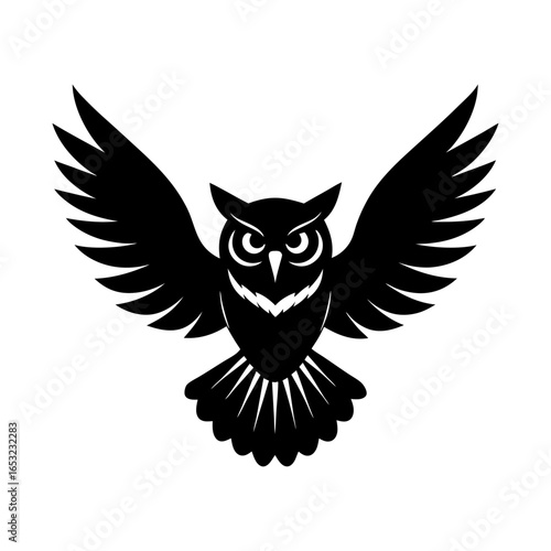 A majestic black silhouette of an owl in powerful flight with wings widely spread, symbolizing wisdom, knowledge, and the serene mystery of the night. An ideal graphic for logos and emblems