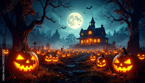  Spooky Halloween background with haunted house, glowing pumpkins, bats, full moon and foggy graveyard, eerie night illustration wallpaper design
