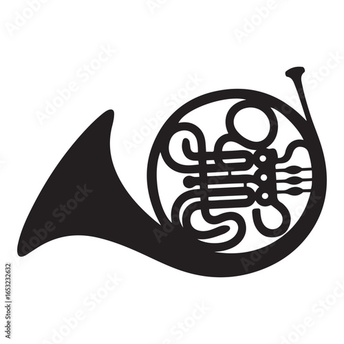 Black French horn silhouette on white brass instrument. Vector black silhouette. with white background