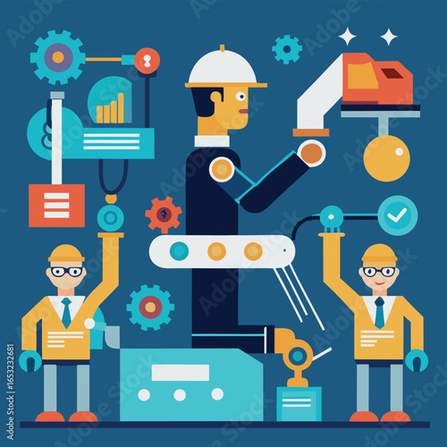 Vector art of industrial automation with robots and engineers working on a production line, showcasing manufacturing technology and teamwork in a modern factory setting