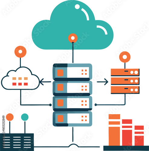 Vector art of cloud computing infrastructure with servers, data storage, and network connections, illustrating digital technology and data management systems
