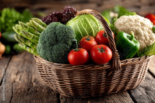 Fresh Basket of Colorful Vegetables on Rustic Wooden Table