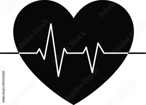 Heartbeat Pulse in Heart Shape Black and White Vector on Transparent Background