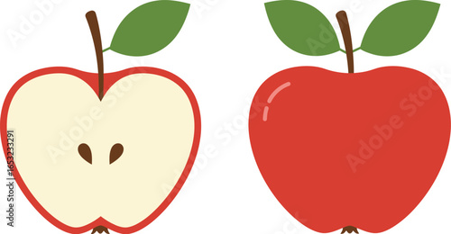 Red Apples Whole and Cut in Half on Transparent Background