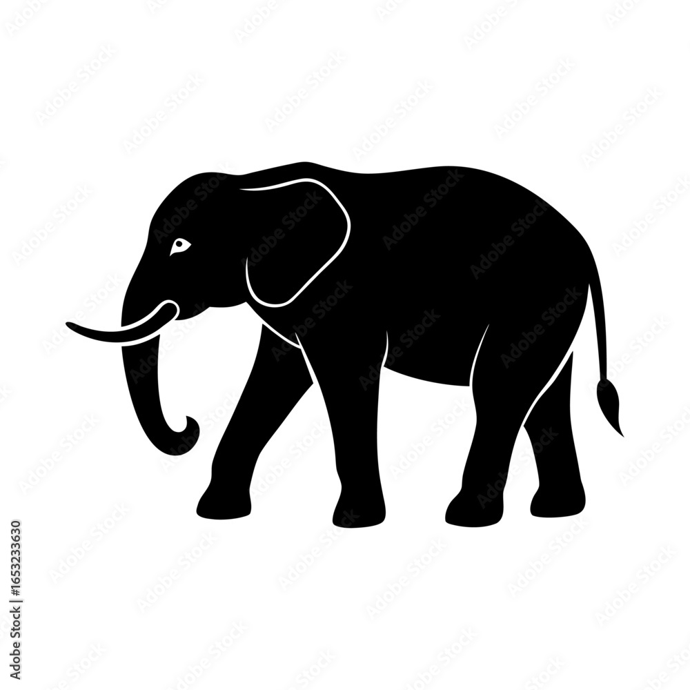 Obraz premium A striking silhouette of an African elephant in motion, showcasing its majestic form and tusks against a clean white background, perfect for design and illustrative purposes