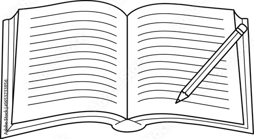Open book and pencil illustration in black and white on transparent background